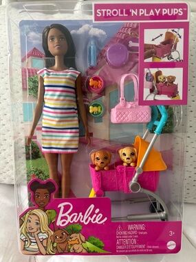 Barbie Doll Playset with Pink Stroller, Striped Dress & Puppy Accessories